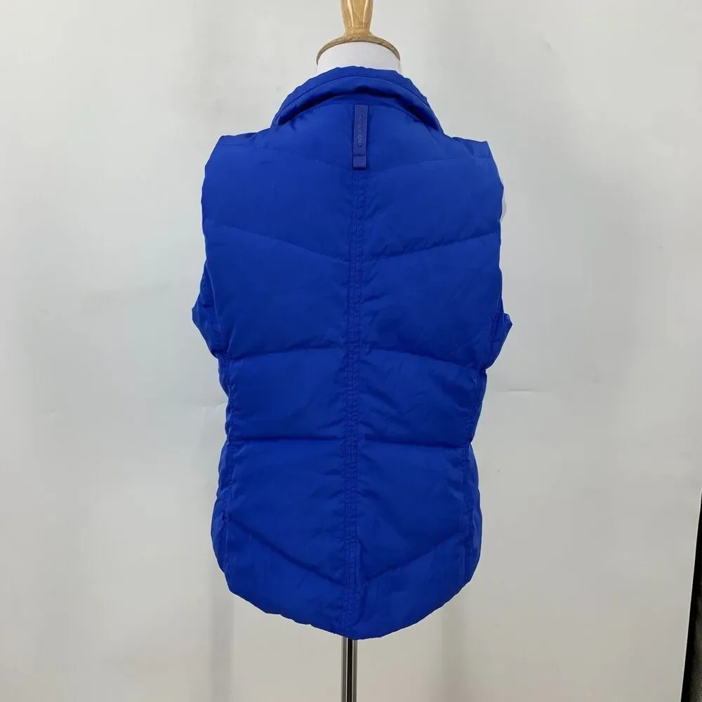 Lands End Down Puffer Vest Womens XS Extra Small Cobalt Blue Zip Up Snap Pockets